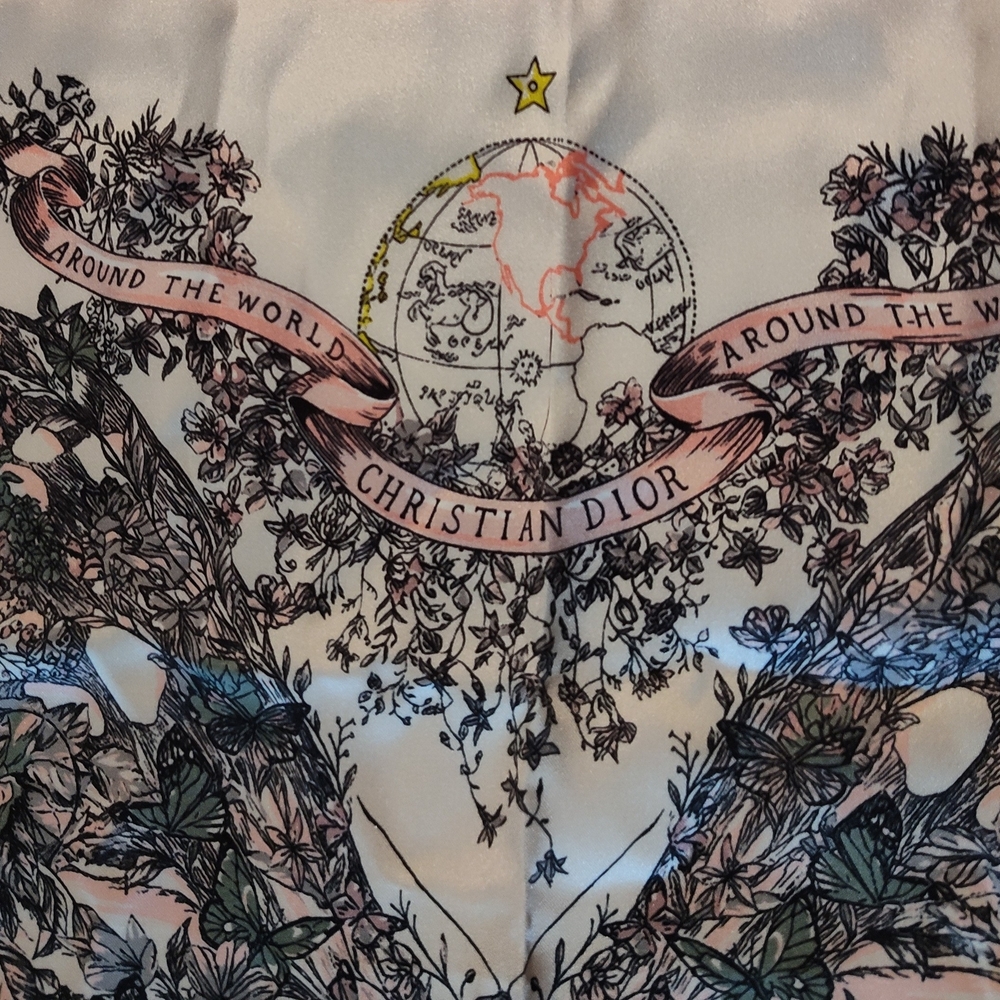 Christian Dior Silk Scarf Pink Butterfly Floral Around the World Italy NIB NWT - Picture 4 of 12